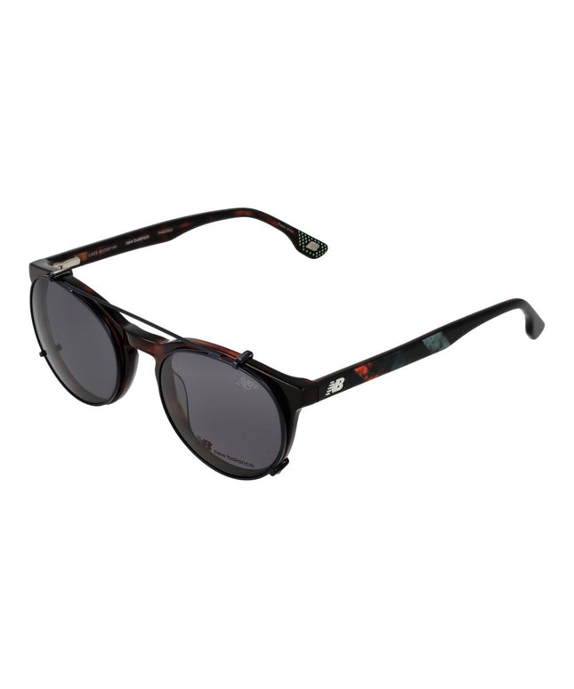 New Balance Brown Men Glasses Frame with clip-on dark lenses, round shape and tortoiseshell finish, ideal for stylish sun protection.