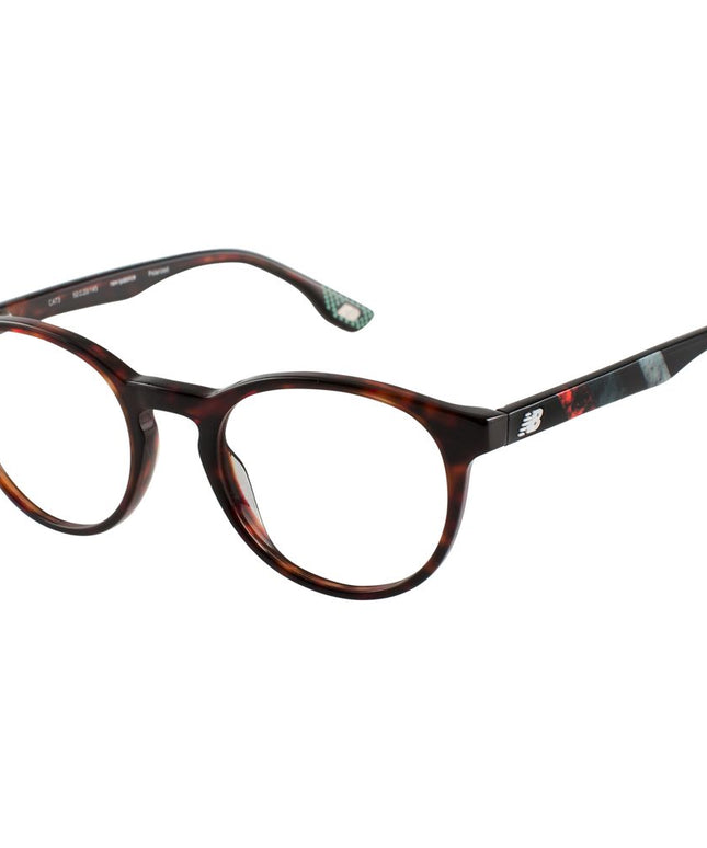 New Balance Brown Men Glasses Frame in tortoiseshell design with clear lenses, round shape, and logo detail on temples for everyday wear.
