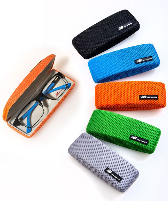 Colorful New Balance glasses cases in black, blue, orange, green, and gray mesh, shown with a pair of glasses inside an open orange case.