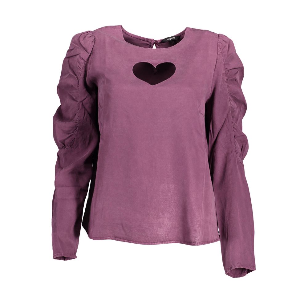 Desigual Purple Lyocell Shirt with heart cutout on chest and ruched long sleeves, women's XL, new with tags.