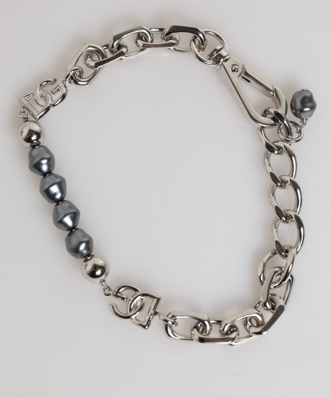Dolce & Gabbana Silver Tone Chain Lobster Clasp Logo Gray Pearls Bracelet