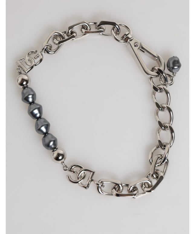 Dolce & Gabbana Silver Tone Chain Lobster Clasp Logo Gray Pearls Bracelet
