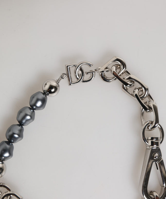 Dolce & Gabbana Silver Tone Chain Lobster Clasp Logo Gray Pearls Bracelet