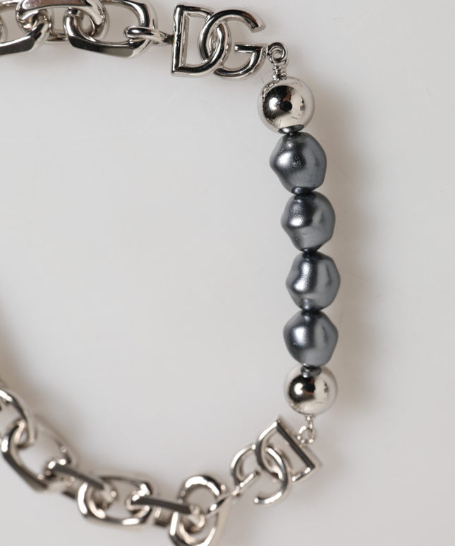 Dolce & Gabbana Silver Tone Chain Lobster Clasp Logo Gray Pearls Bracelet