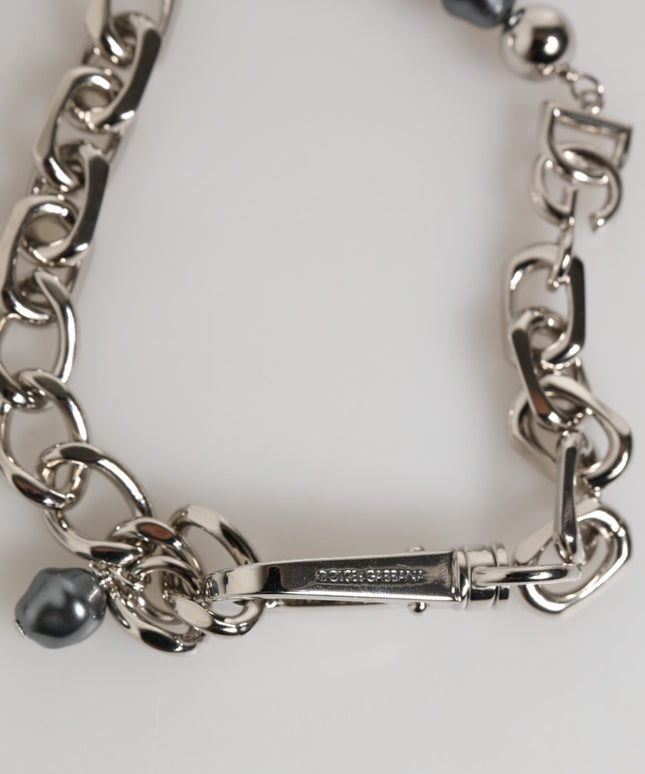 Dolce & Gabbana Silver Tone Chain Lobster Clasp Logo Gray Pearls Bracelet