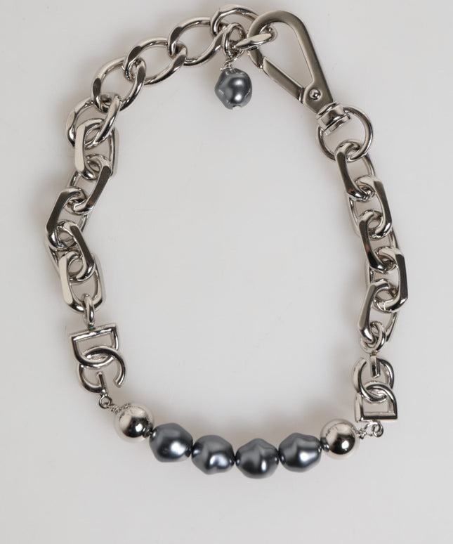 Dolce & Gabbana Silver Tone Chain Lobster Clasp Logo Gray Pearls Bracelet