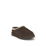 Men's UGG Tasman II Mules in brown, angled front view highlighting soft suede upper and embroidered collar trim.