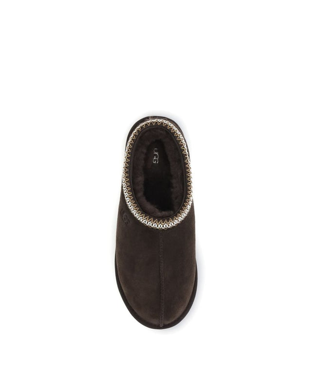 Top view of brown UGG Tasman II Mules, displaying plush interior and slip-on design for men's flats in EU43/US10 size.