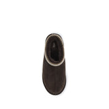 Top view of brown UGG Tasman II Mules, displaying plush interior and slip-on design for men's flats in EU43/US10 size.