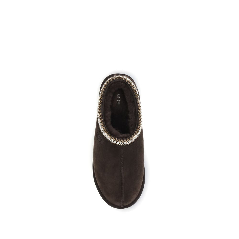 Top view of brown UGG Tasman II Mules, displaying plush interior and slip-on design for men's flats in EU43/US10 size.