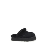UGG Disquette Slides in black suede with plush shearling trim, EU36/US6 size, side profile view for women’s flats category.