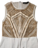Mangano White Beige Mesh Crystal Embellished Sleeveless Jumpsuit