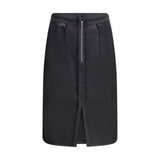 Back view of Margiela Wool Midi Skirt featuring a satin panel with exposed zipper and central slit, combining elegance with edgy design.