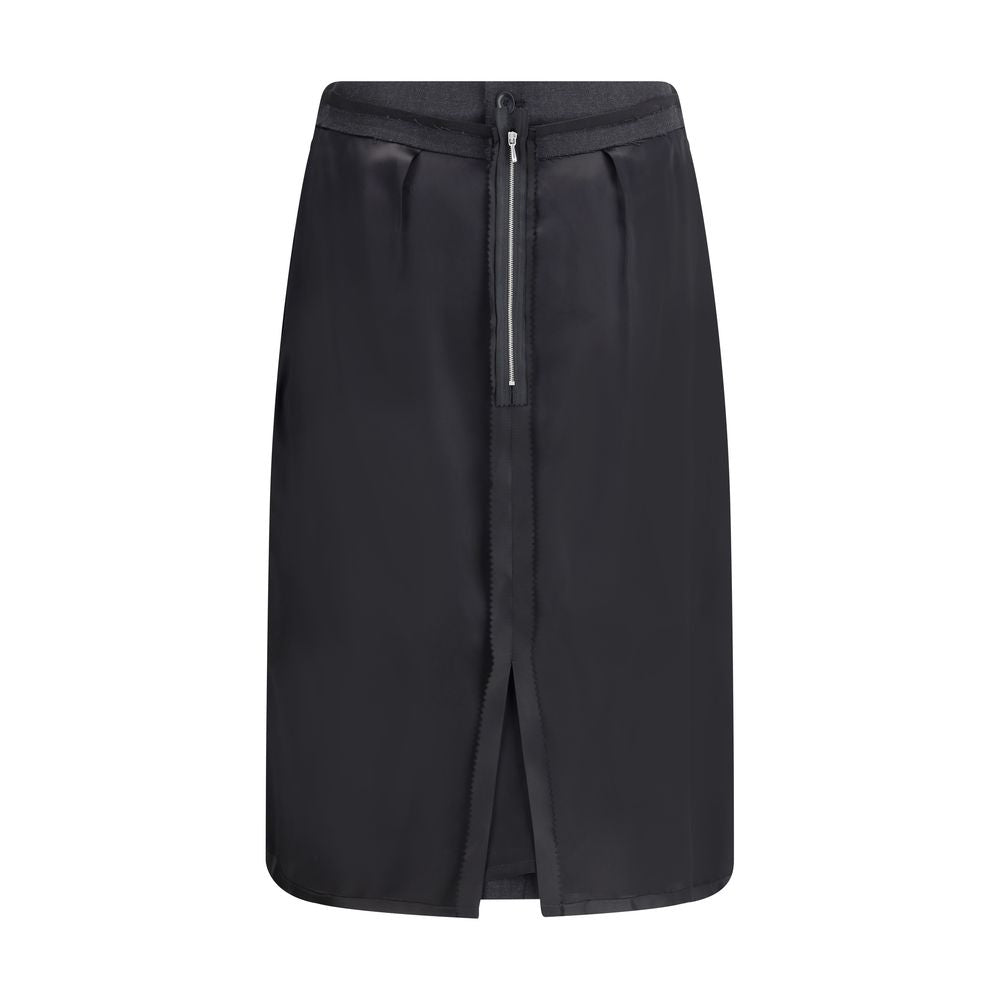 Back view of Margiela Wool Midi Skirt featuring a satin panel with exposed zipper and central slit, combining elegance with edgy design.