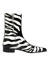 Dolce & Gabbana Black White Zebra Leather Mid Calf Boots Shoes