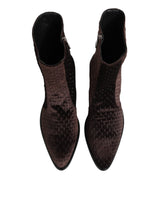 Dolce & Gabbana Brown Cotton Velvet Mid Calf Short Boots Shoes