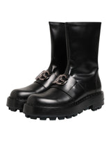 Dolce & Gabbana Black Logo Plaque Mid Calf Biker Boots Shoes