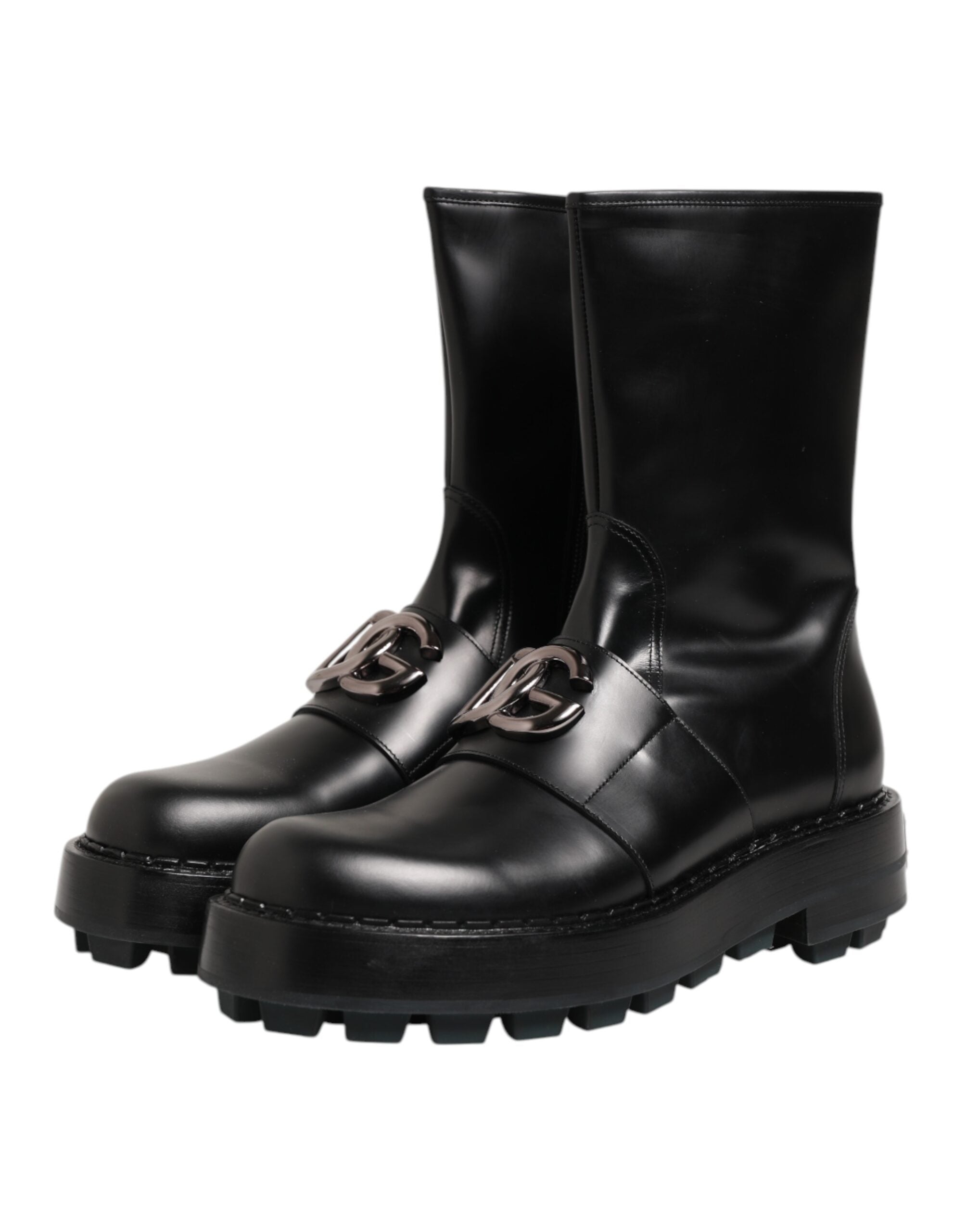 Dolce & Gabbana Black Logo Plaque Mid Calf Biker Boots Shoes