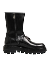 Dolce & Gabbana Black Logo Plaque Mid Calf Biker Boots Shoes