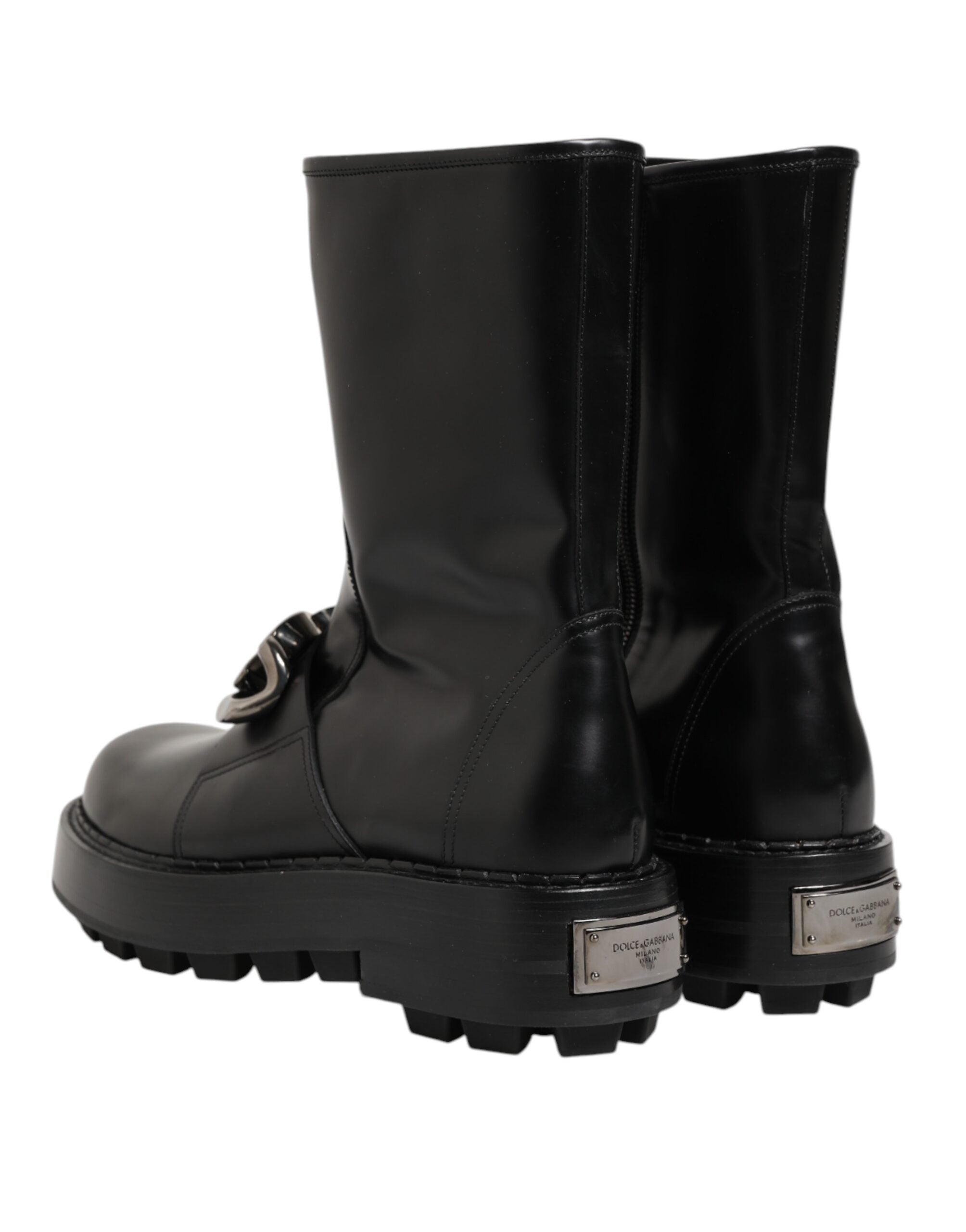 Dolce & Gabbana Black Logo Plaque Mid Calf Biker Boots Shoes