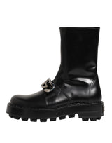 Dolce & Gabbana Black Logo Plaque Mid Calf Biker Boots Shoes