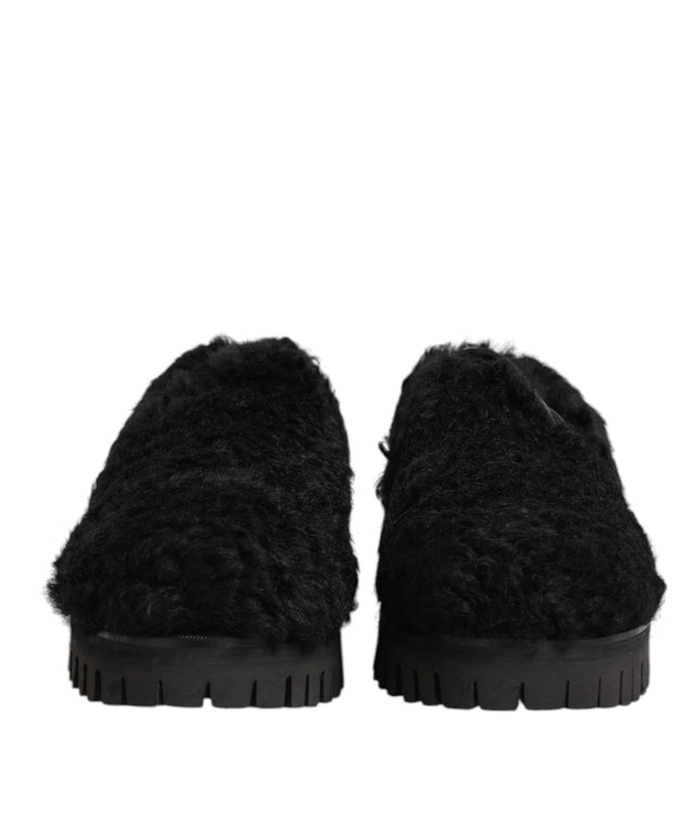 Dolce & Gabbana Dress Black Fur Leather Slippers Men Shoes