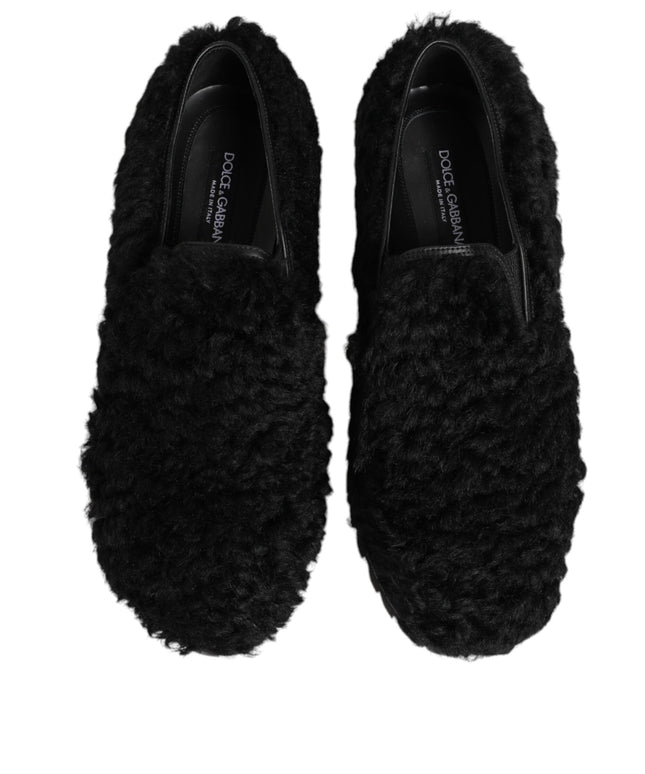Dolce & Gabbana Dress Black Fur Leather Slippers Men Shoes