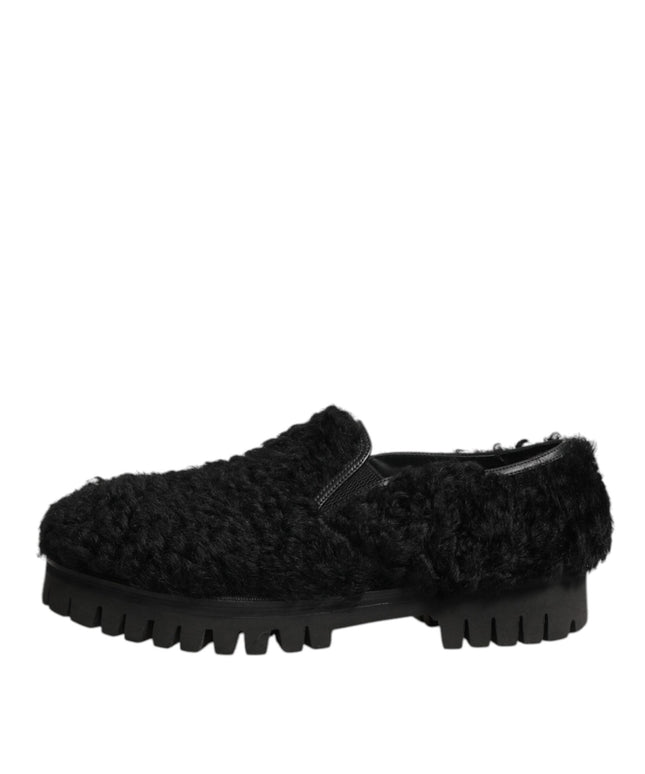 Dolce & Gabbana Dress Black Fur Leather Slippers Men Shoes