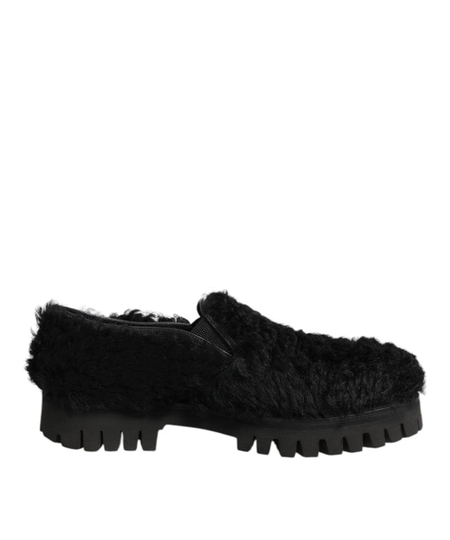 Dolce & Gabbana Dress Black Fur Leather Slippers Men Shoes