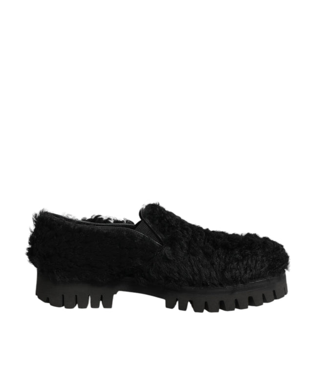 Dolce & Gabbana Dress Black Fur Leather Slippers Men Shoes