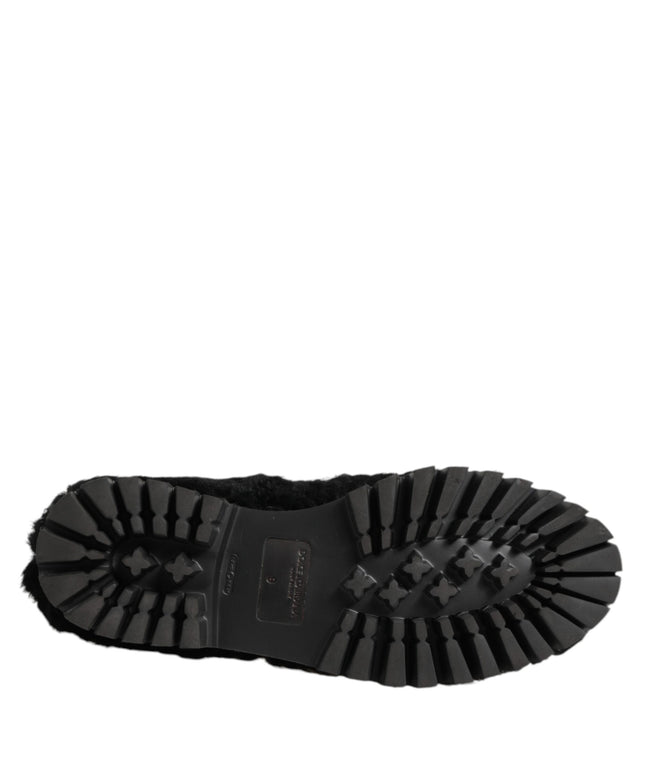 Dolce & Gabbana Dress Black Fur Leather Slippers Men Shoes