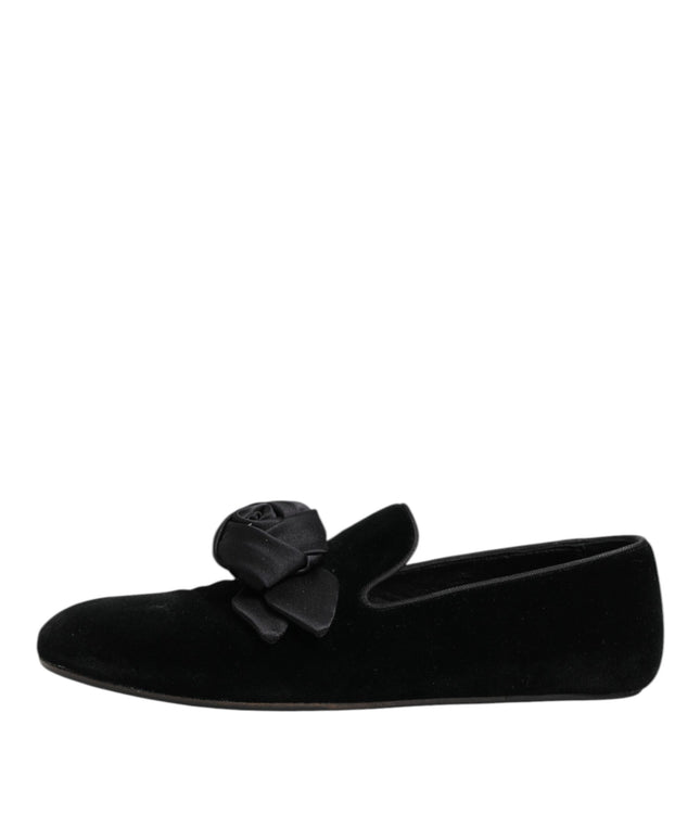 Dolce & Gabbana Black Suede Cotton Rose Slip On Loafers Shoes