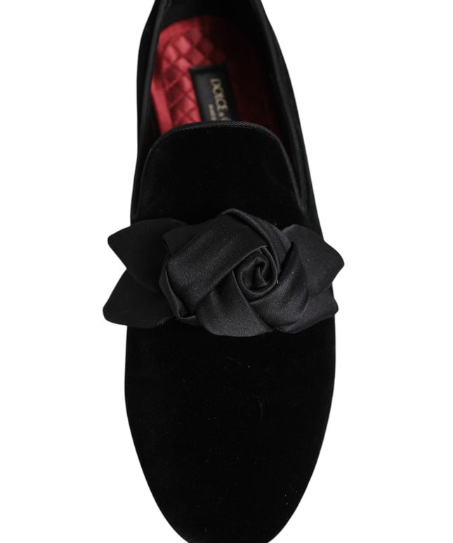 Dolce & Gabbana Black Suede Cotton Rose Slip On Loafers Shoes
