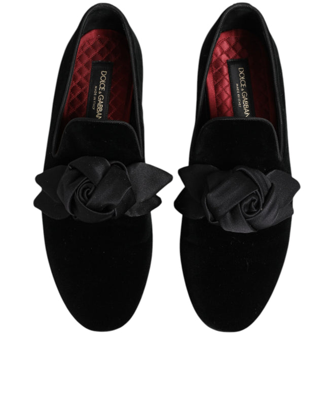 Dolce & Gabbana Black Suede Cotton Rose Slip On Loafers Shoes