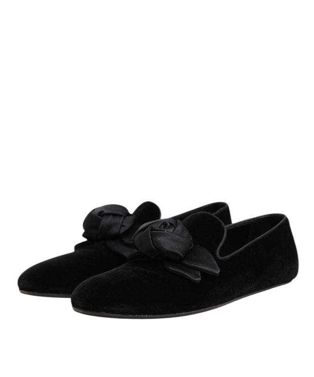 Dolce & Gabbana Black Suede Cotton Rose Slip On Loafers Shoes