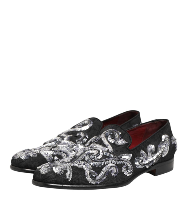 Dolce & Gabbana Black Silver Sequined Loafers Men Dress Shoes