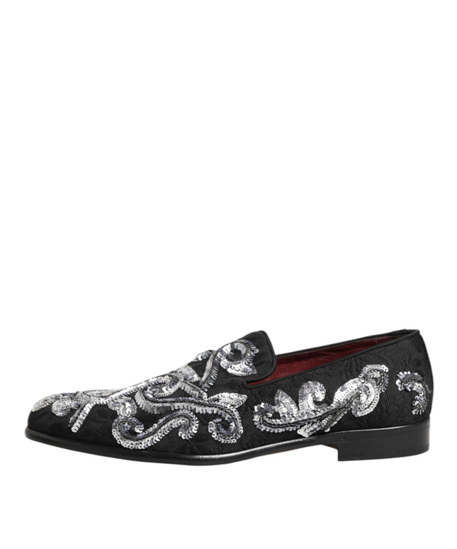 Dolce & Gabbana Black Silver Sequined Loafers Men Dress Shoes