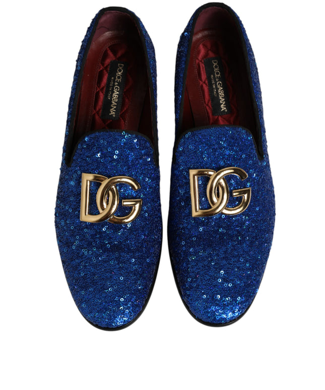 Dolce & Gabbana Blue Sequined Loafers Formal Dress Men Shoes