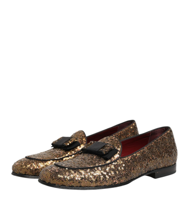 Dolce & Gabbana Gold Sequined Slip On Loafers Men Dress Shoes