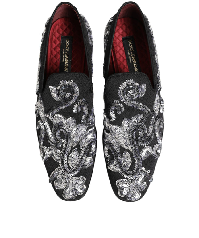 Dolce & Gabbana Black Silver Sequined Loafers Men Dress Shoes