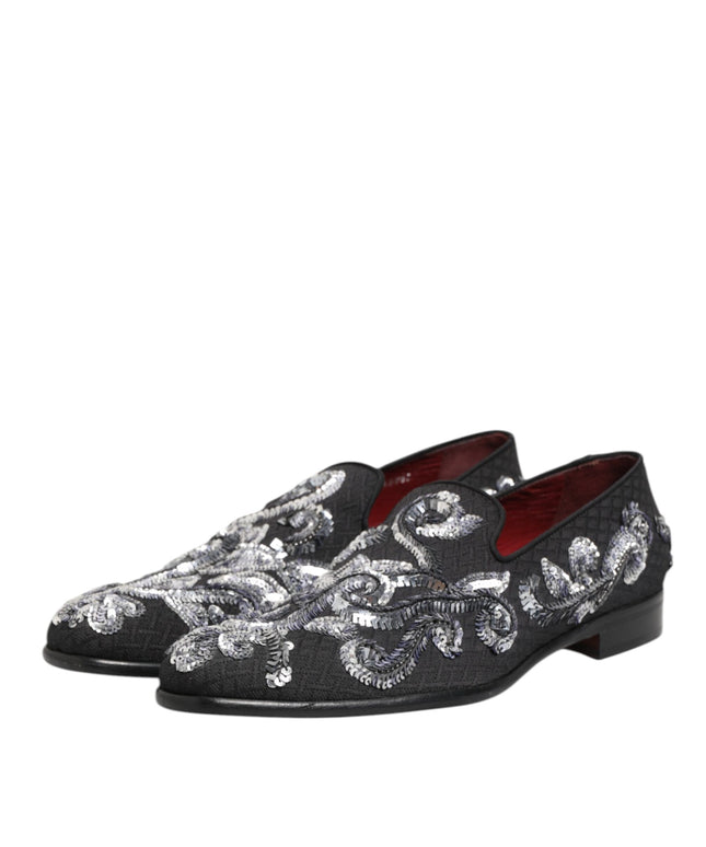 Dolce & Gabbana Black Silver Sequined Loafers Men Dress Shoes