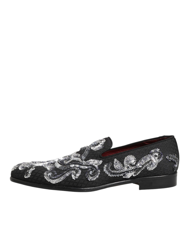 Dolce & Gabbana Black Silver Sequined Loafers Men Dress Shoes