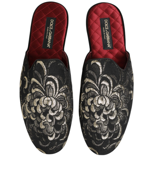 Dolce & Gabbana Black Floral Jacquard Slides Slippers Shoes