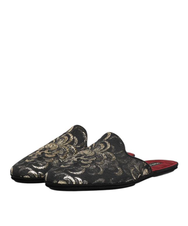 Dolce & Gabbana Black Floral Jacquard Slides Slippers Shoes