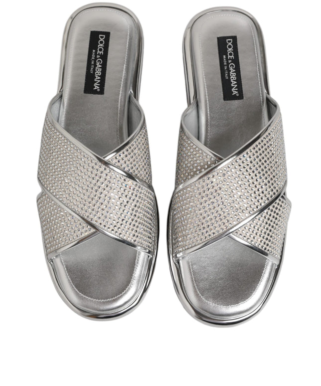 Dolce & Gabbana Silver Strass Slides Flats Slippers Shoes