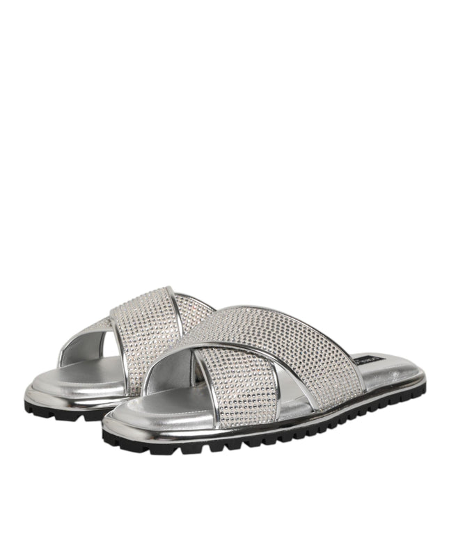Dolce & Gabbana Silver Strass Slides Flats Slippers Shoes