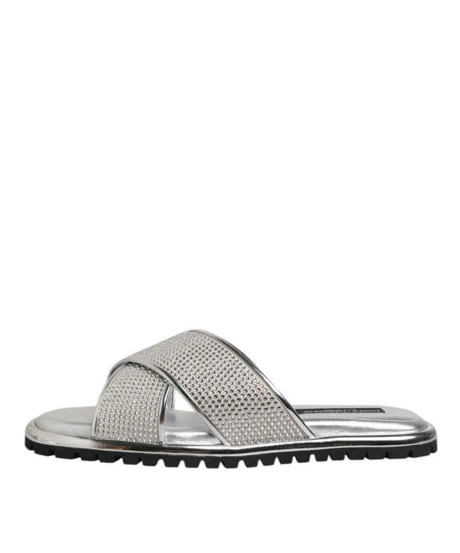 Dolce & Gabbana Silver Strass Slides Flats Slippers Shoes