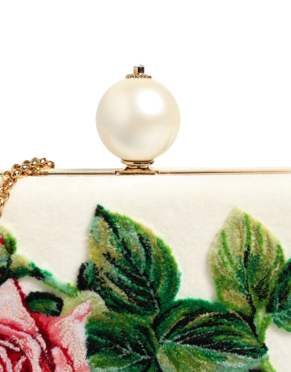 Dolce & Gabbana White Rose Embroidery Silk Gold Frame Clutch Purse Bag