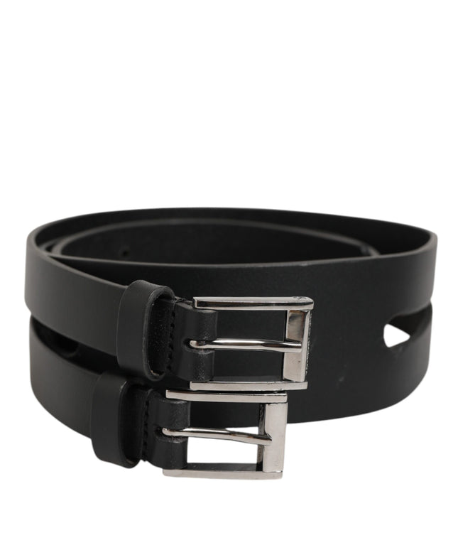 Dolce & Gabbana Black Double Strap Leather Silver Buckle Belt