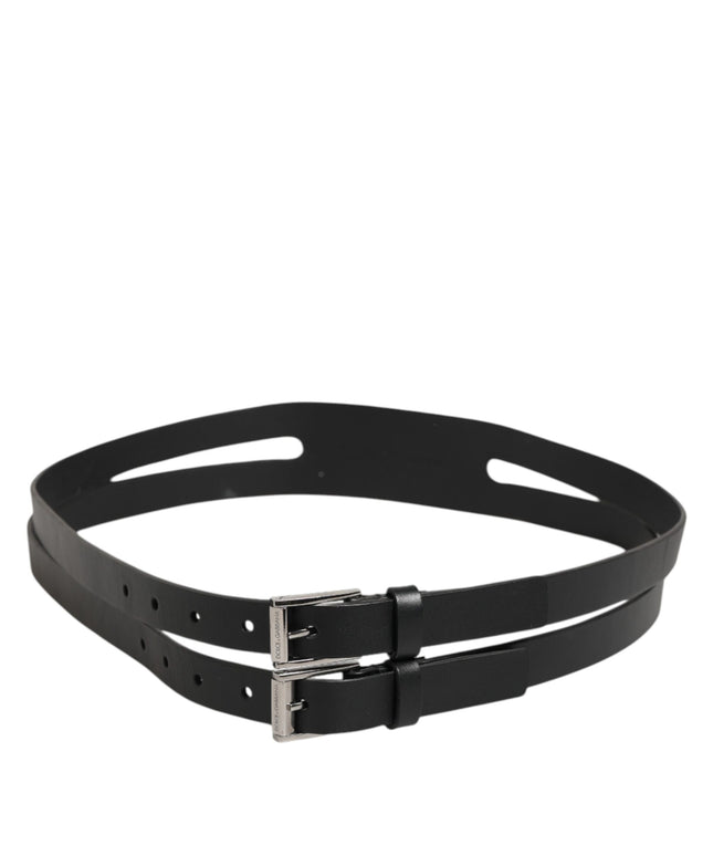 Dolce & Gabbana Black Double Strap Leather Silver Buckle Belt